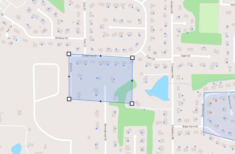 A turf boundary drawn on the map, covering one residential block.
